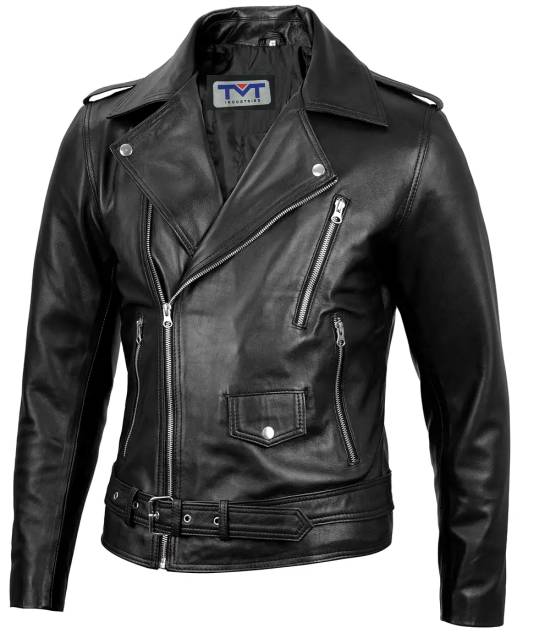 Mens Black Belted Leather Jacket - Biker Style