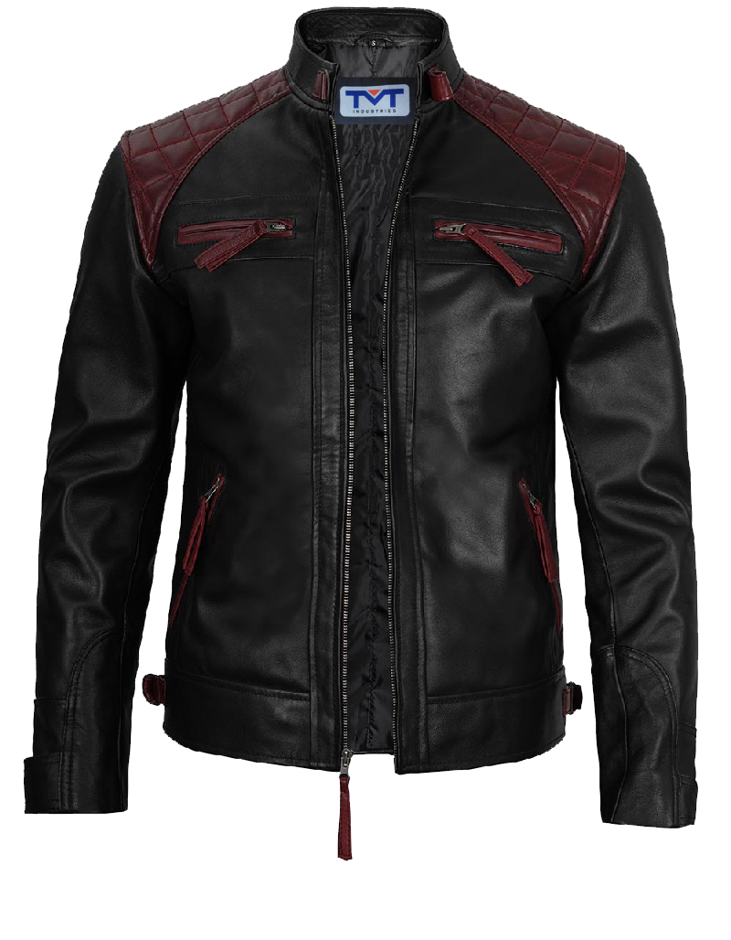 Men's Leather Jacket - Black - Dark Red - Distressed - Vintage - Motorcycle Stylish Leather Jacket for Men - Quilted Panels - Zipper Pockets - Premium Quality