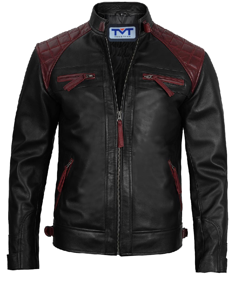 Men's Leather Jacket - Black - Dark Red - Distressed - Vintage - Motorcycle Stylish Leather Jacket for Men - Quilted Panels - Zipper Pockets - Premium Quality