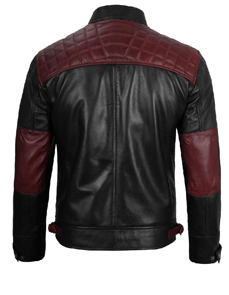 Men's Leather Jacket - Black - Dark Red - Distressed - Vintage - Motorcycle Stylish Leather Jacket for Men - Quilted Panels - Zipper Pockets - Premium Quality