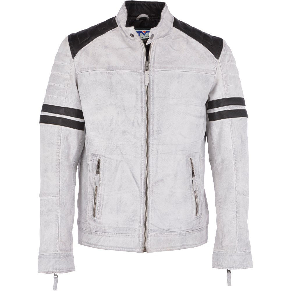 Mens White Real Leather Jacket Motorbike, Stylish Racer Jacket