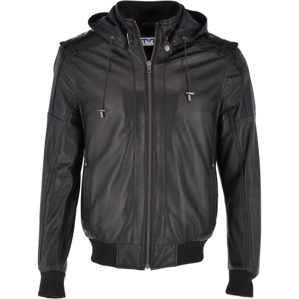 Men's Real Leather Hooded Bomber Jacket