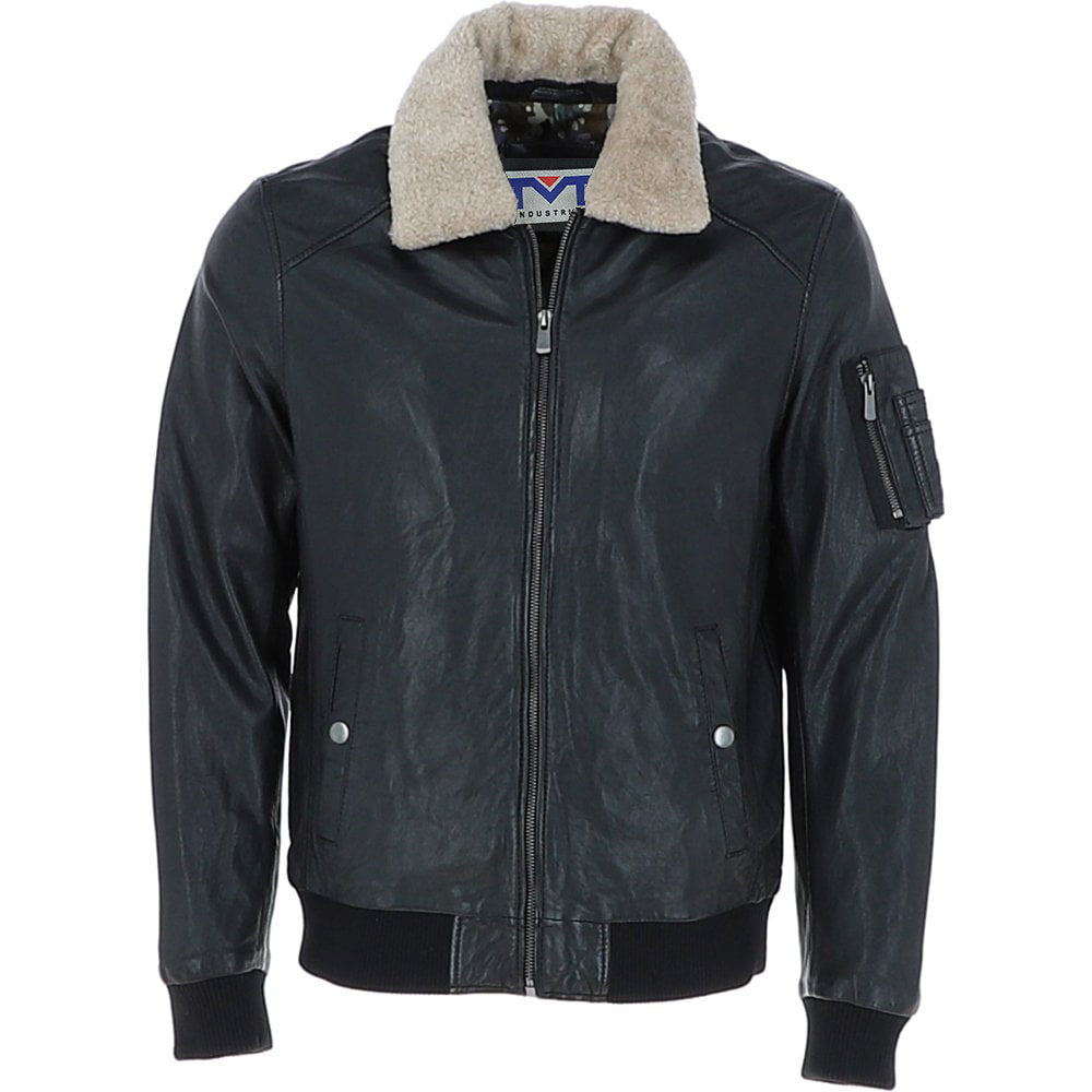 Men's Black Leather Pilot Jacket Bomber Air Force Aviator White Fur Collar