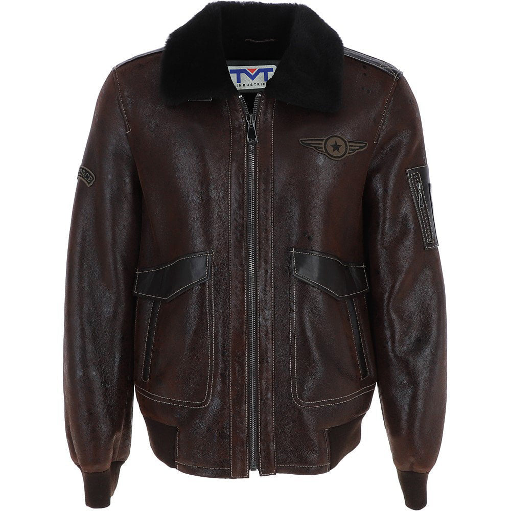 Genuine Leather Men's Pilot Style Coat - Brown