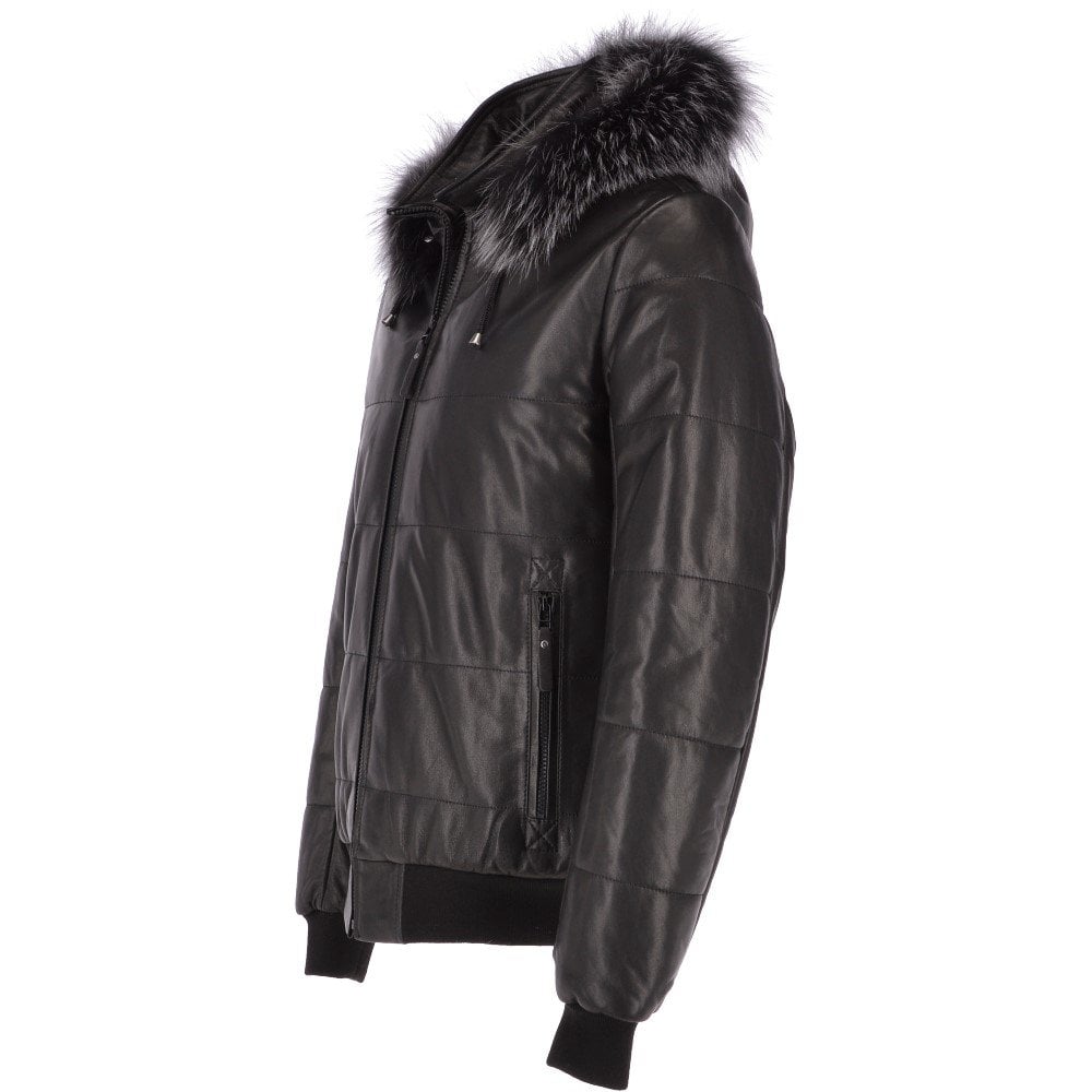 Men's Puffer Leather Jacket with Fur Hood