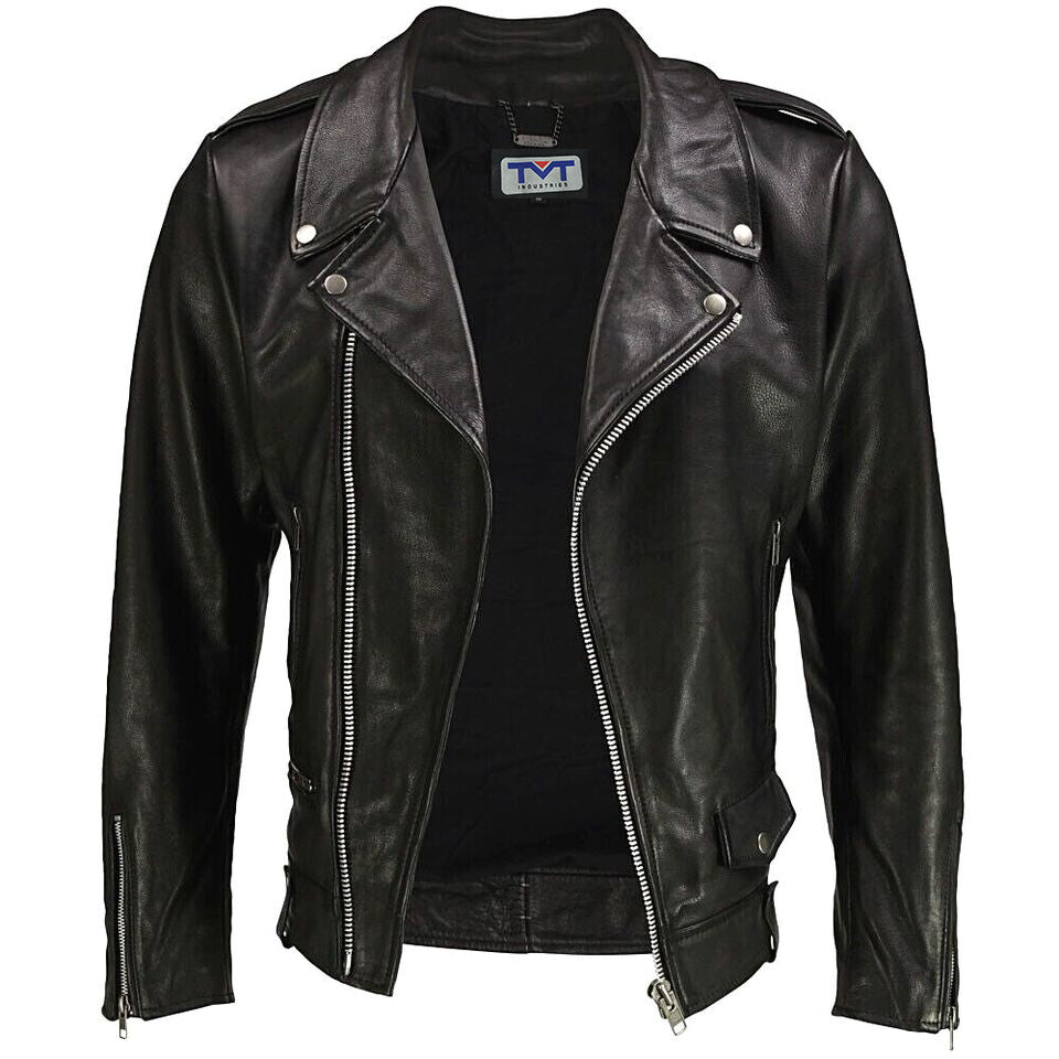 Mens Genuine Leather Jacket - Bikers Leather Jacket - Classic Belted Strap Leather Jacket